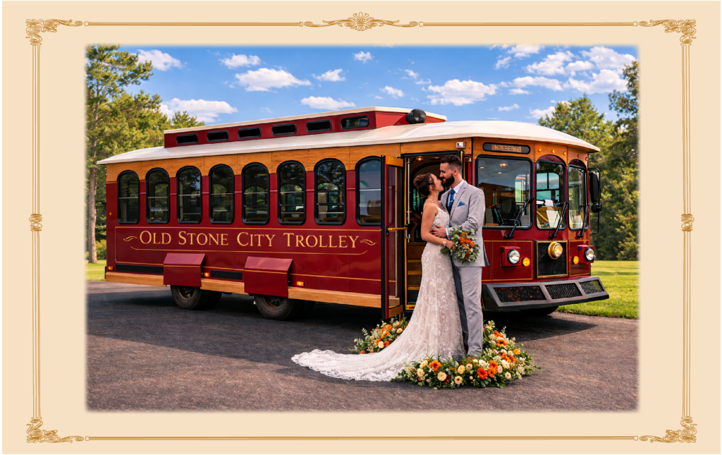 Wedding couple in front of Old Stone City Trolley